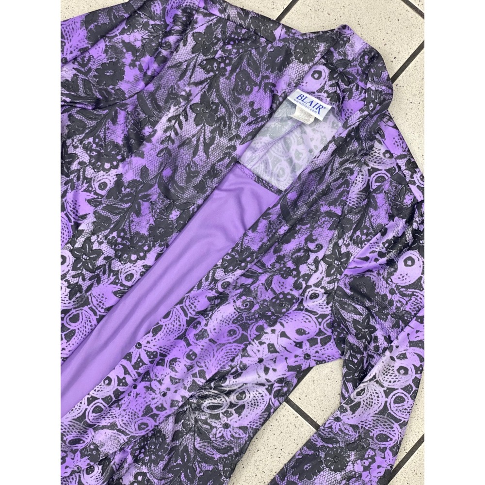Blair Open Front Cardigan Women Size M Purple Black Floral Lace Print Excellent